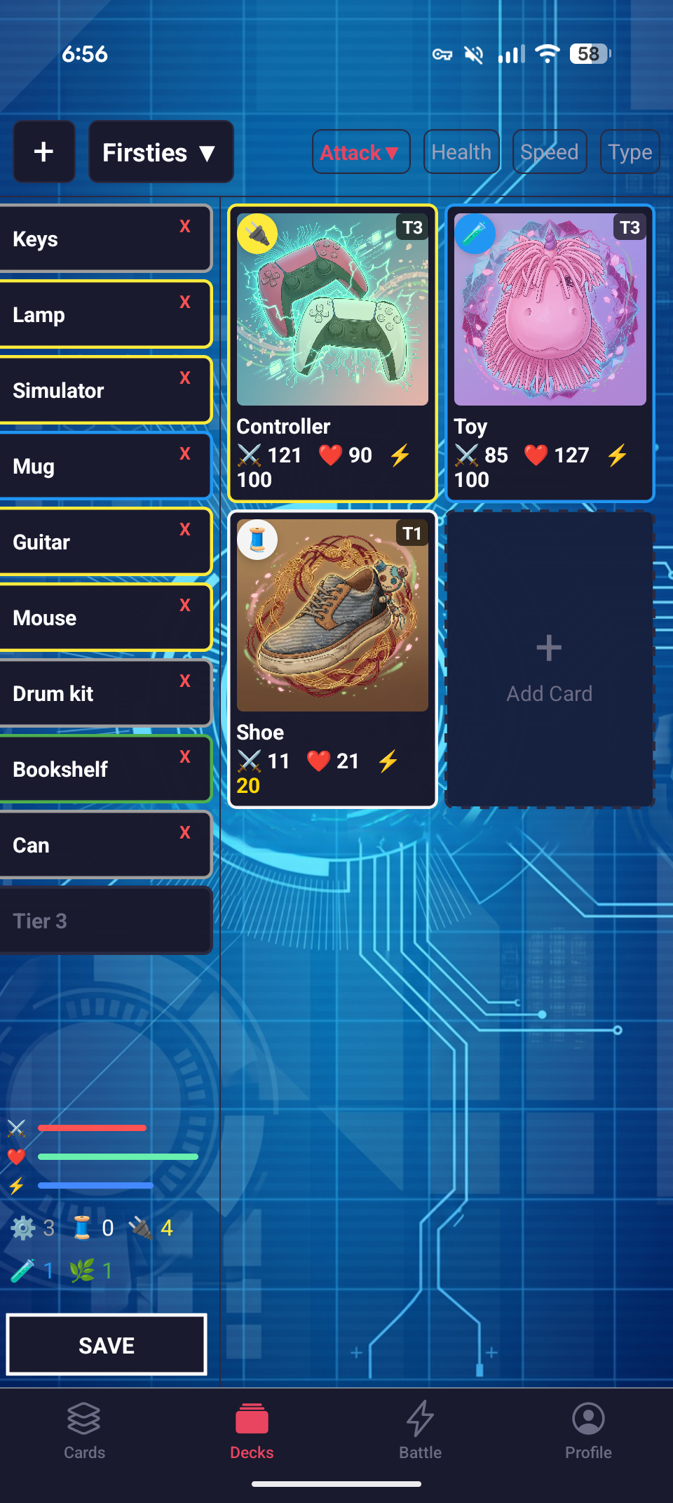 ShutterClash deck builder showing card variety — Controller, Toy, Shoe, Lamp, Mug, Mouse, Drum kit