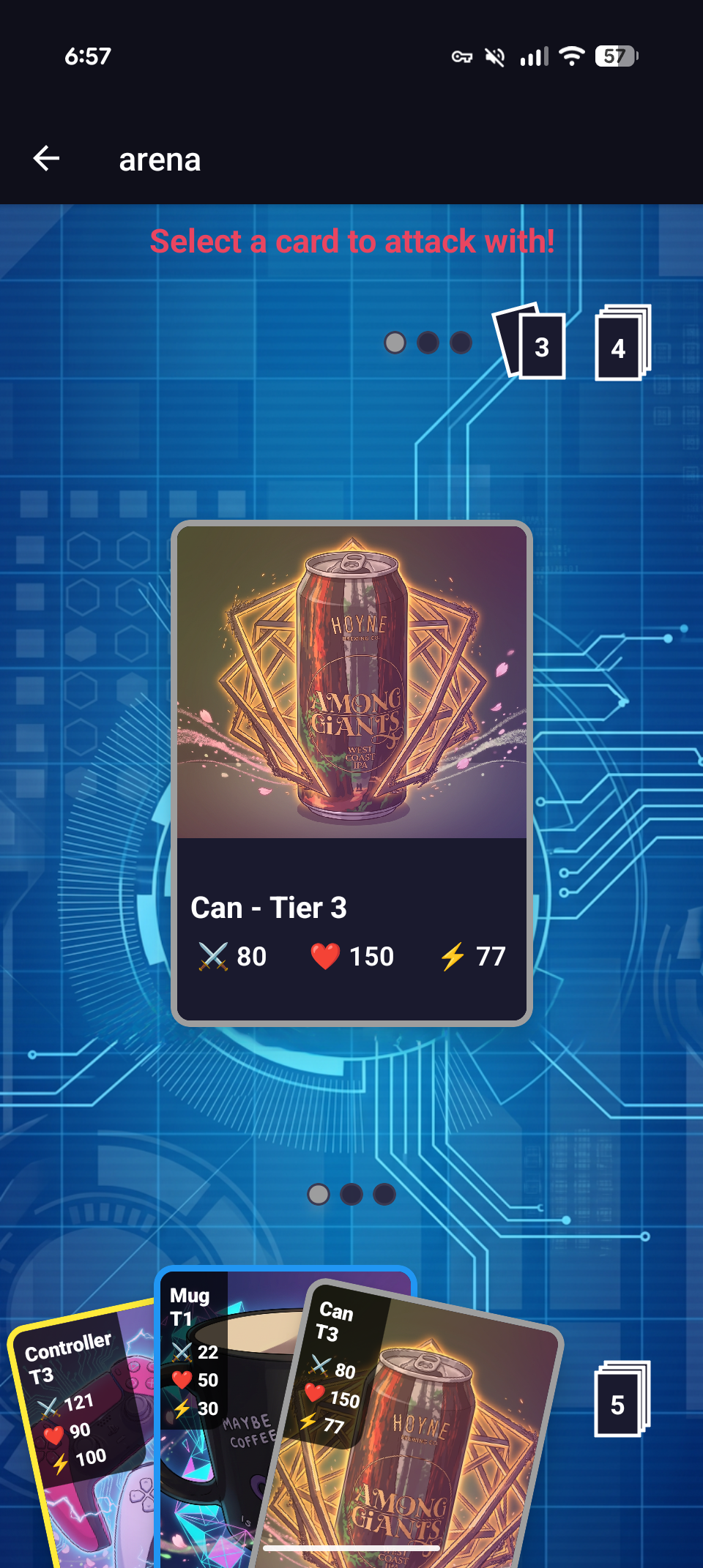Selecting Can T3 for an attack in the arena — the new Mega Man-inspired UI